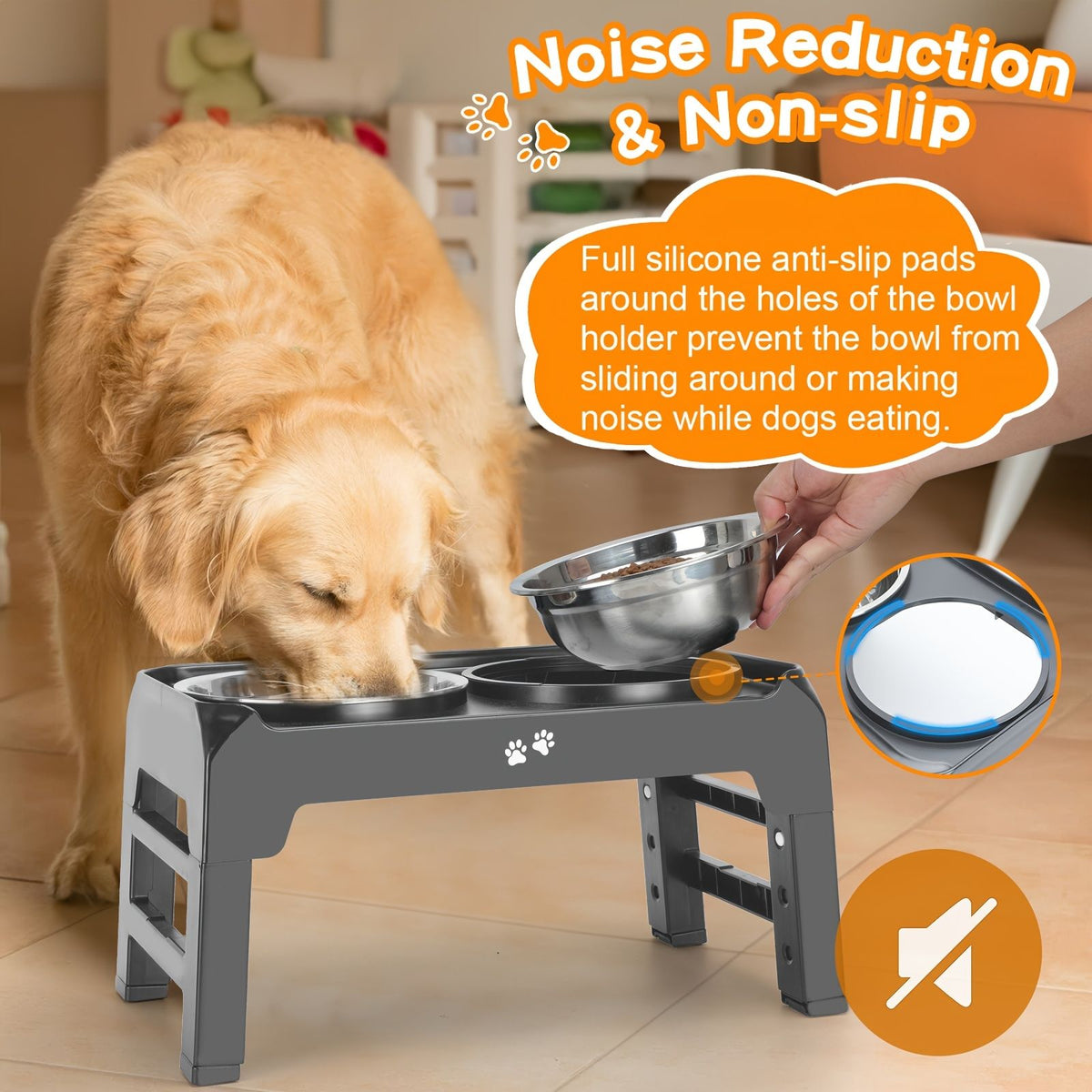 Gray Black dog feeder, elevated dog feeder, double bowl dog feeder, stainless steel dog bowls, ergonomic pet feeder, anti-slip dog bowl stand