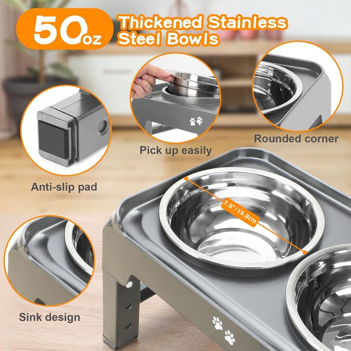 Gray Black dog feeder, elevated dog feeder, double bowl dog feeder, stainless steel dog bowls, ergonomic pet feeder, anti-slip dog bowl stand