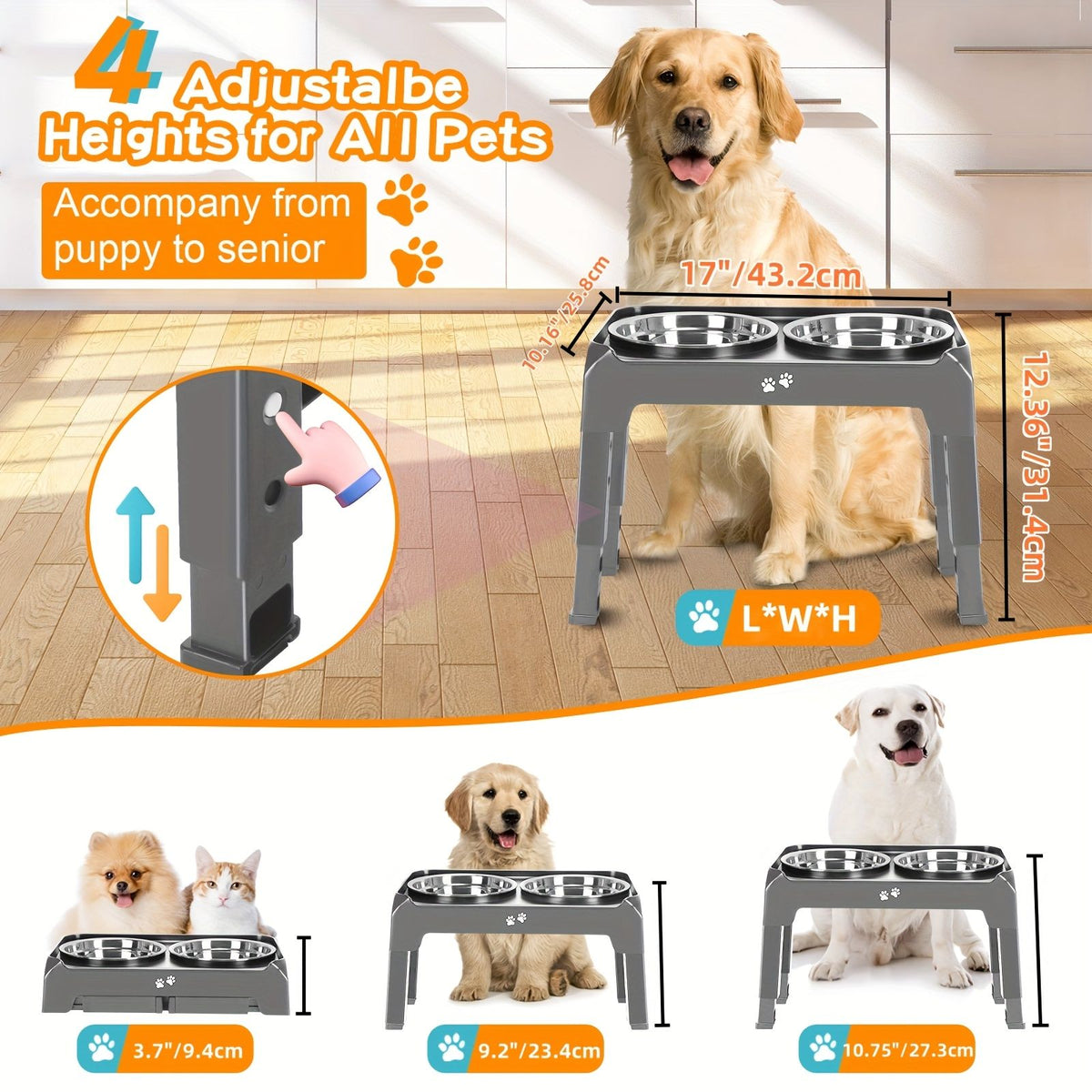 Gray Black dog feeder, elevated dog feeder, double bowl dog feeder, stainless steel dog bowls, ergonomic pet feeder, anti-slip dog bowl stand