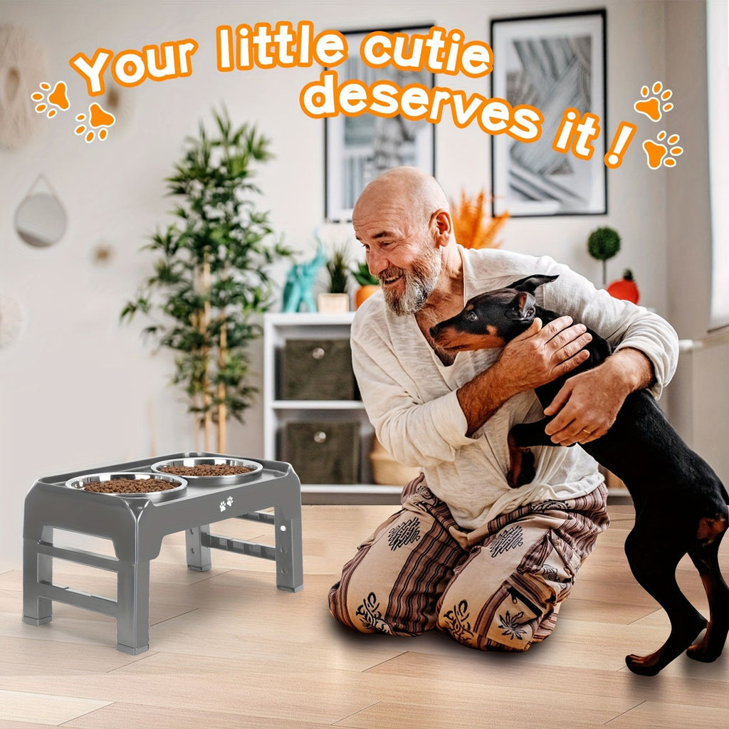 Gray Black dog feeder, elevated dog feeder, double bowl dog feeder, stainless steel dog bowls, ergonomic pet feeder, anti-slip dog bowl stand