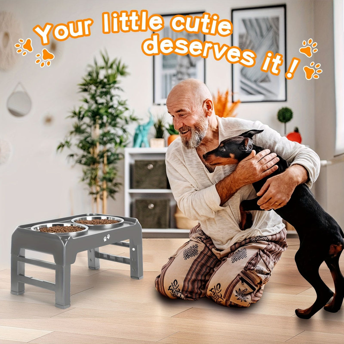 Gray Black dog feeder, elevated dog feeder, double bowl dog feeder, stainless steel dog bowls, ergonomic pet feeder, anti-slip dog bowl stand