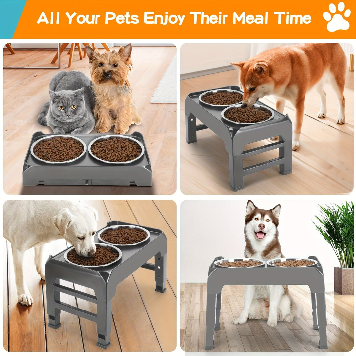 Gray Black dog feeder, elevated dog feeder, double bowl dog feeder, stainless steel dog bowls, ergonomic pet feeder, anti-slip dog bowl stand