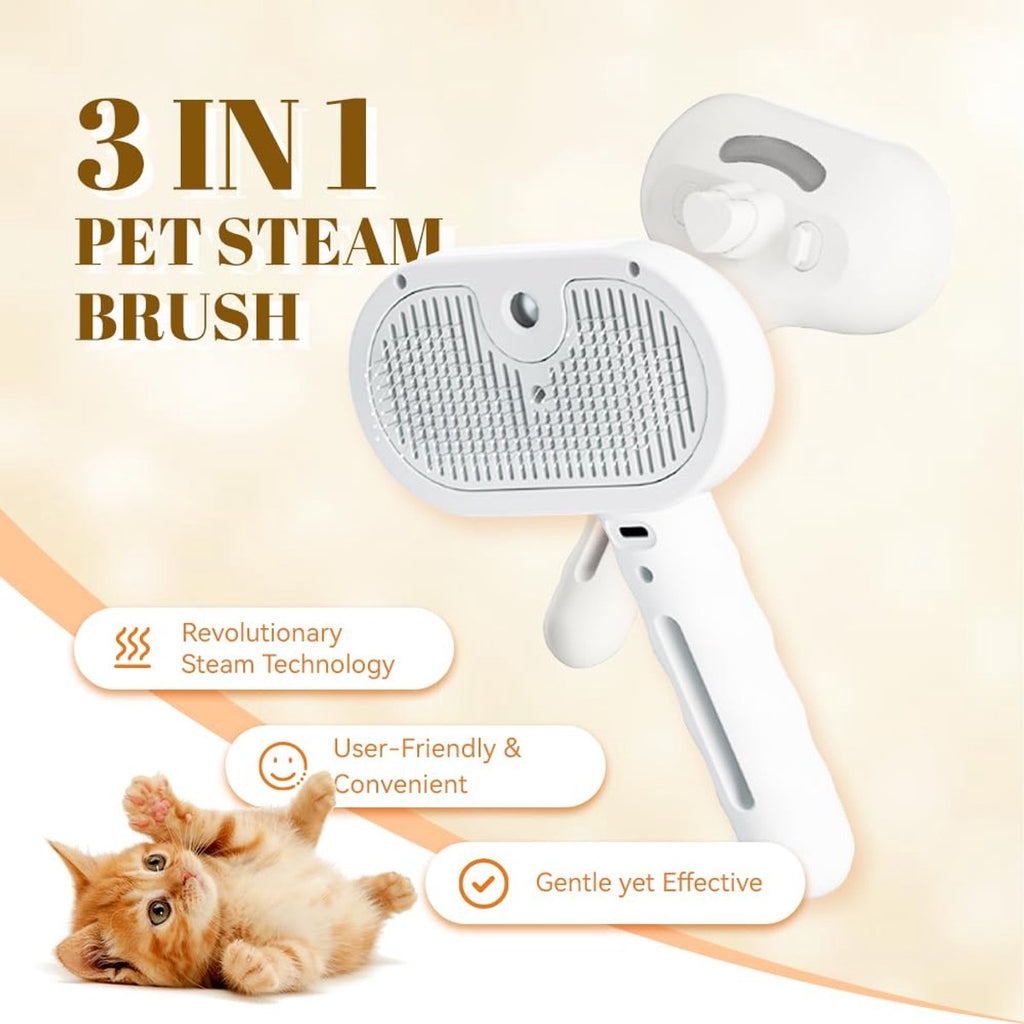 3-in-1 Steam Grooming Brush for Cats & Dogs - White
