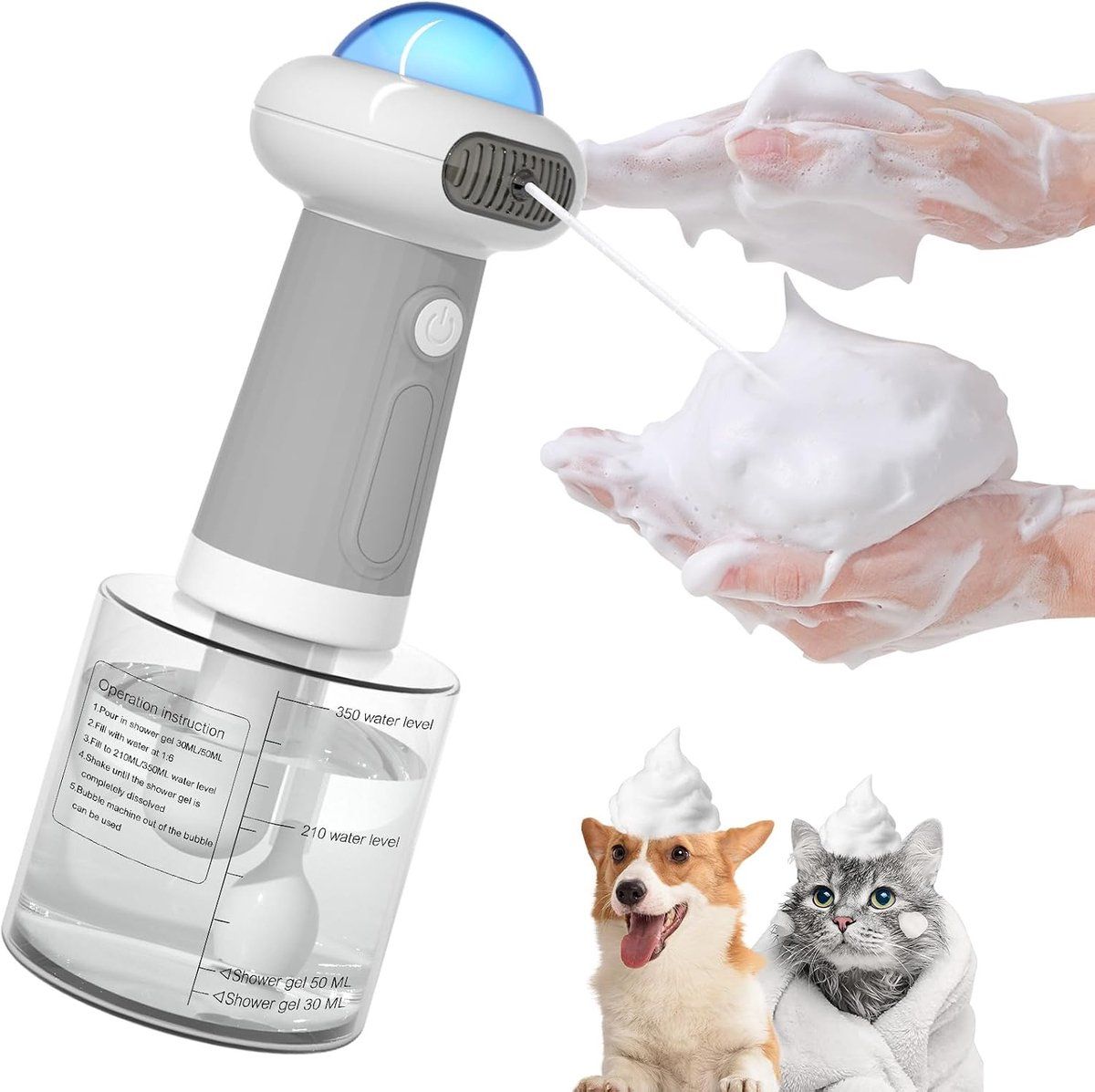Electric Foaming Shampoo Dispenser for Dogs and Cats, Automatic Pet Bath Brush for Deep Cleaning, Grey, 350ml