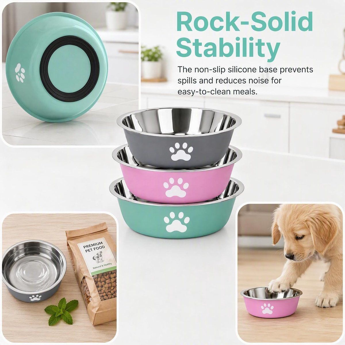 3 Pack Stainless Steel Dog Bowls with Non-Slip Bottom, Food Water Bowls for Dogs and Cats, Easy to Clean