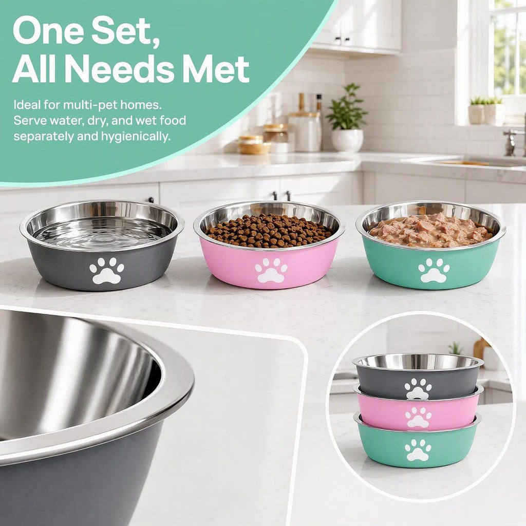 3 Pack Stainless Steel Dog Bowls with Non-Slip Bottom, Food Water Bowls for Dogs and Cats, Easy to Clean