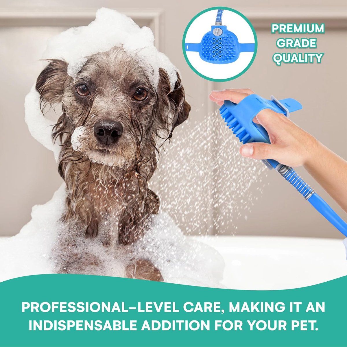 Pet Shower Head with Bath Brush 2 in 1 Dog and Cat Washing Sprayer with Hose for Indoor and Outdoor Use, Blue