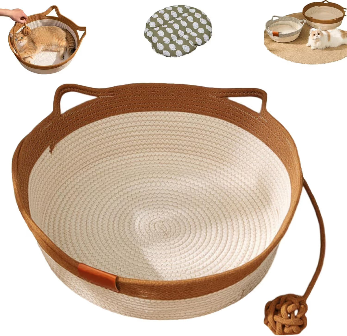 Cotton Rope Woven Cat Bed Basket with Hanging Toy Ball Foldable Round Pet Nest Brown L