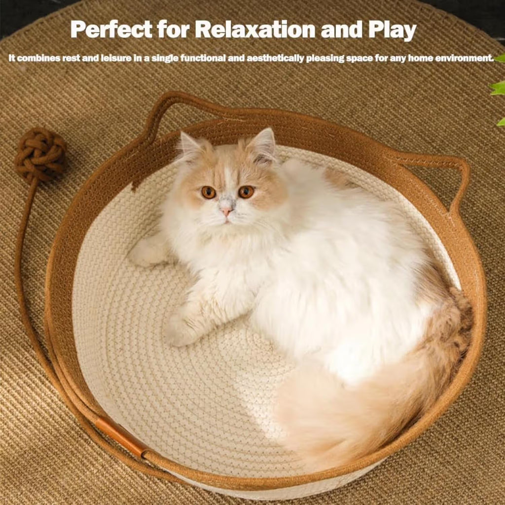 Cotton Rope Woven Cat Bed Basket with Hanging Toy Ball Foldable Round Pet Nest Brown L