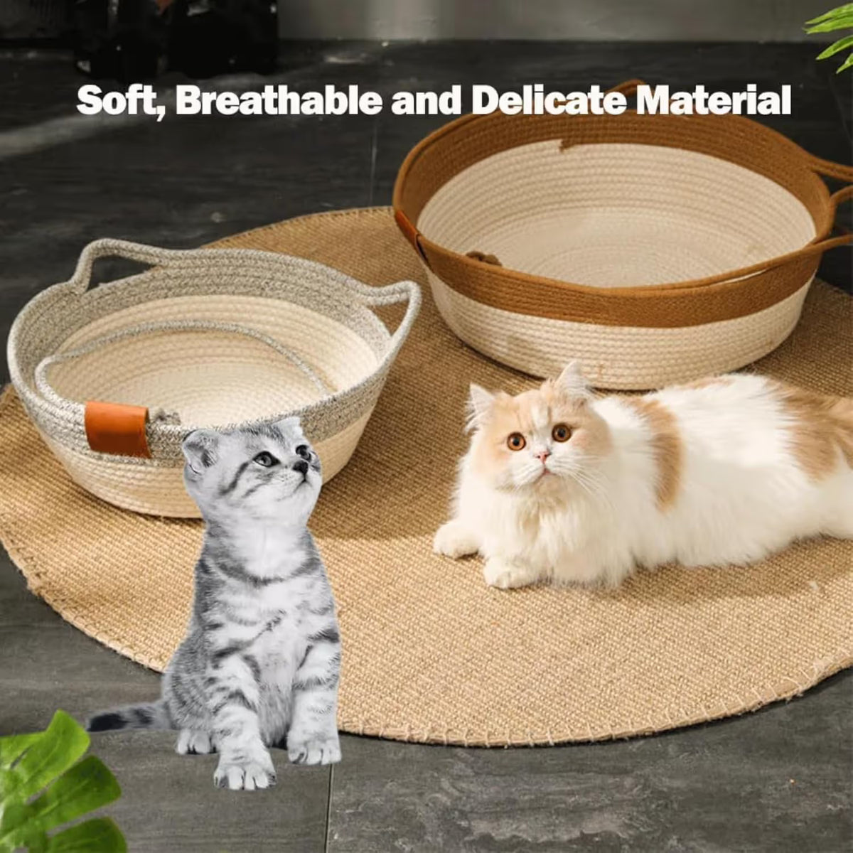 Cotton Rope Woven Cat Bed Basket with Hanging Toy Ball Foldable Round Pet Nest Brown L