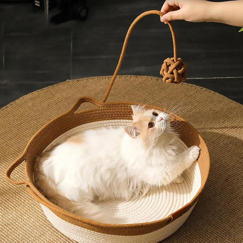 Cotton Rope Woven Cat Bed Basket with Hanging Toy Ball Foldable Round Pet Nest Brown L