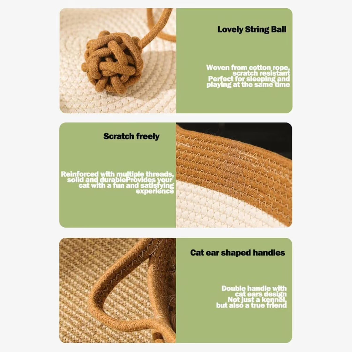 Cotton Rope Woven Cat Bed Basket with Hanging Toy Ball Foldable Round Pet Nest Brown L