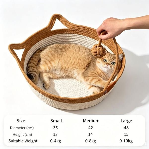 Cotton Rope Woven Cat Bed Basket with Hanging Toy Ball Foldable Round Pet Nest Brown L
