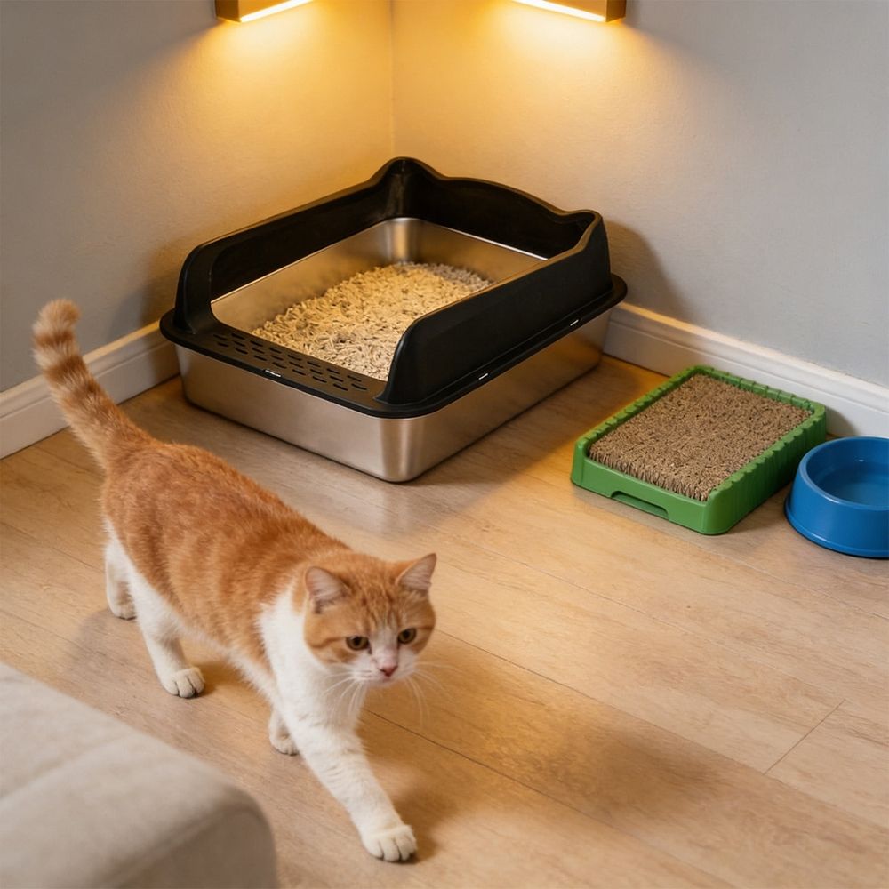 Stainless Steel Cat Litter Box Semi Enclosed High Sides Antis Scatter Odor Control Kitty Litter Pan with Scoop Non-Slips Base for Large Obese Cats, Easy Clean Washable Open Tray, White