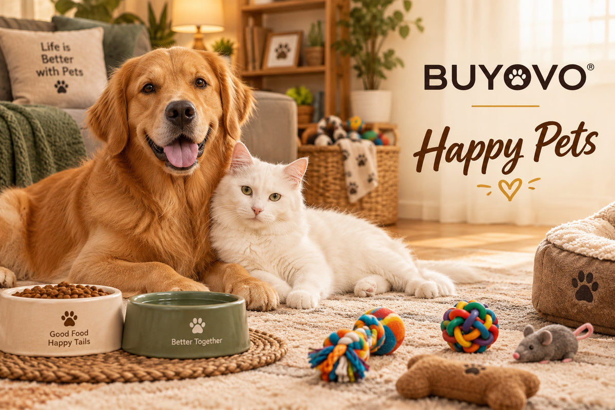 A golden retriever and white cat  relax in a cozy pet living room  bowls, toys. Text on the right reads 'Happy Pets' under a logo of buyovo .
